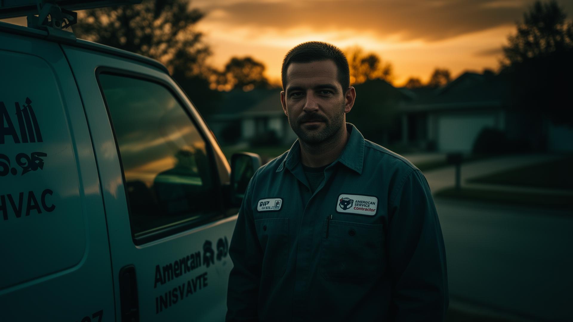 Home service contractor with branded service van at sunset